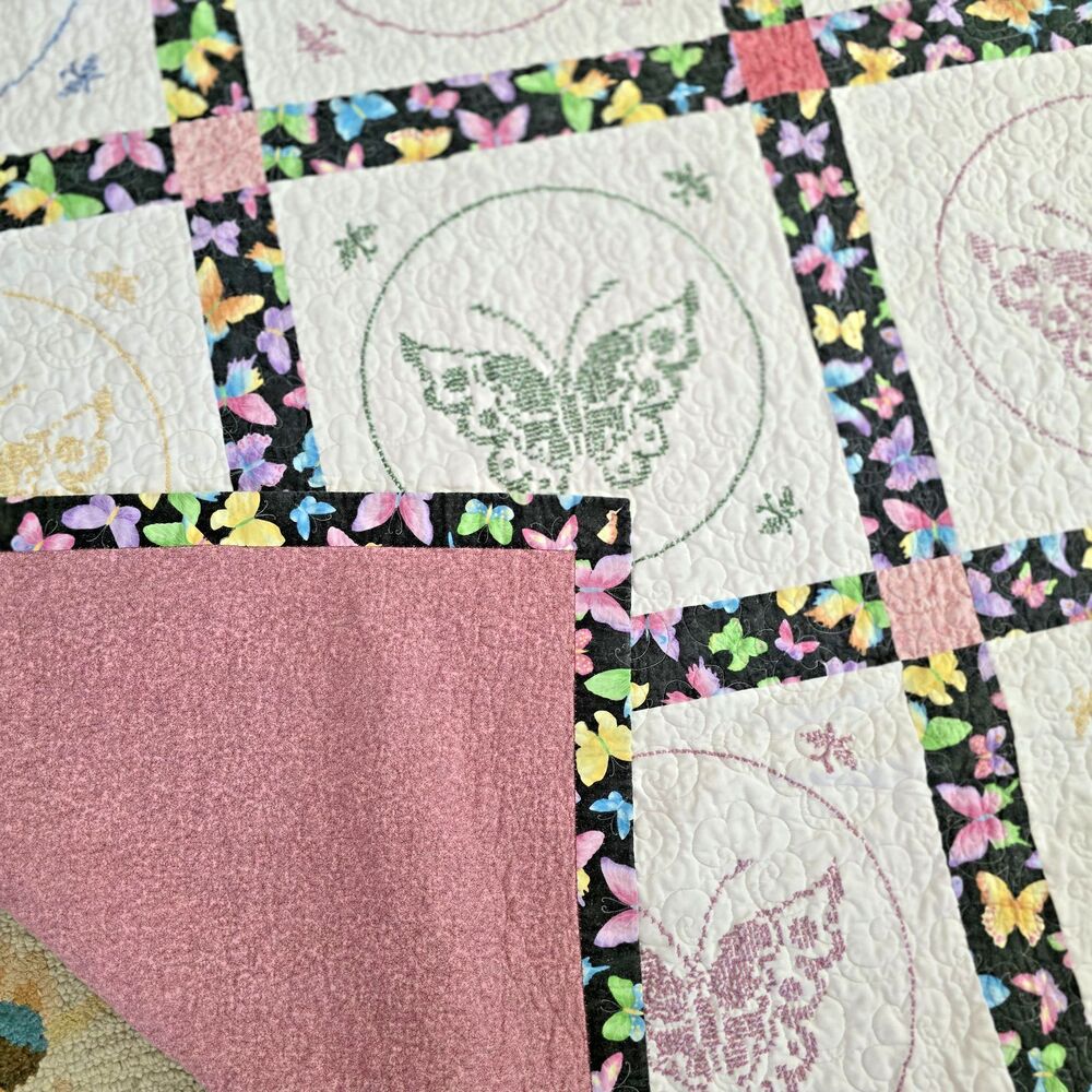 Handmade Butterfly Quilt Set Embroidered Patchwork Quilt 2 Matching Pillows 80"